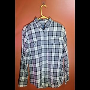Mens Button Down Cotton Collar Flannel Shirt  Gray/White - Faded Glory